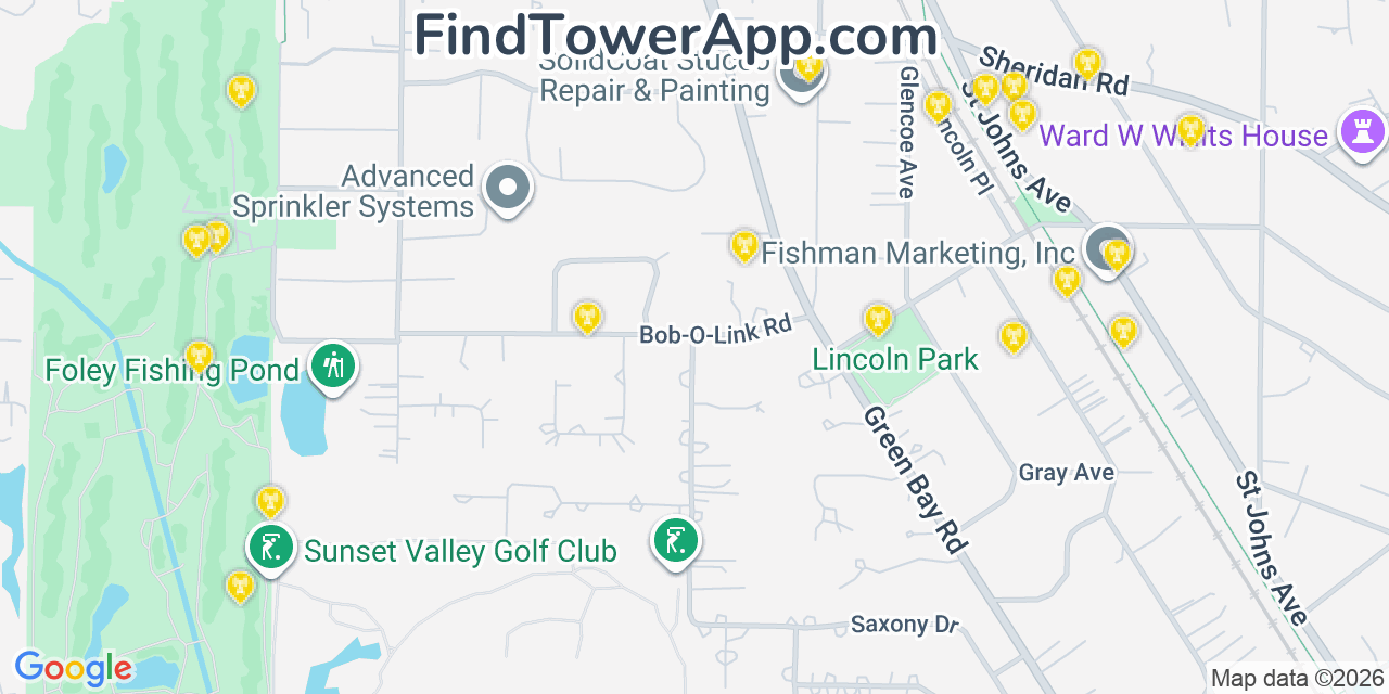 Map showing the 20 primary cell tower locations detected in Highland Park, Illinois from AT&T, Verizon, and T-Mobile networks