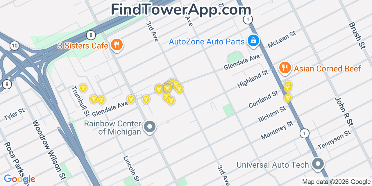 Map showing the 20 primary cell tower locations detected in Highland Park, Michigan from AT&T, Verizon, and T-Mobile networks