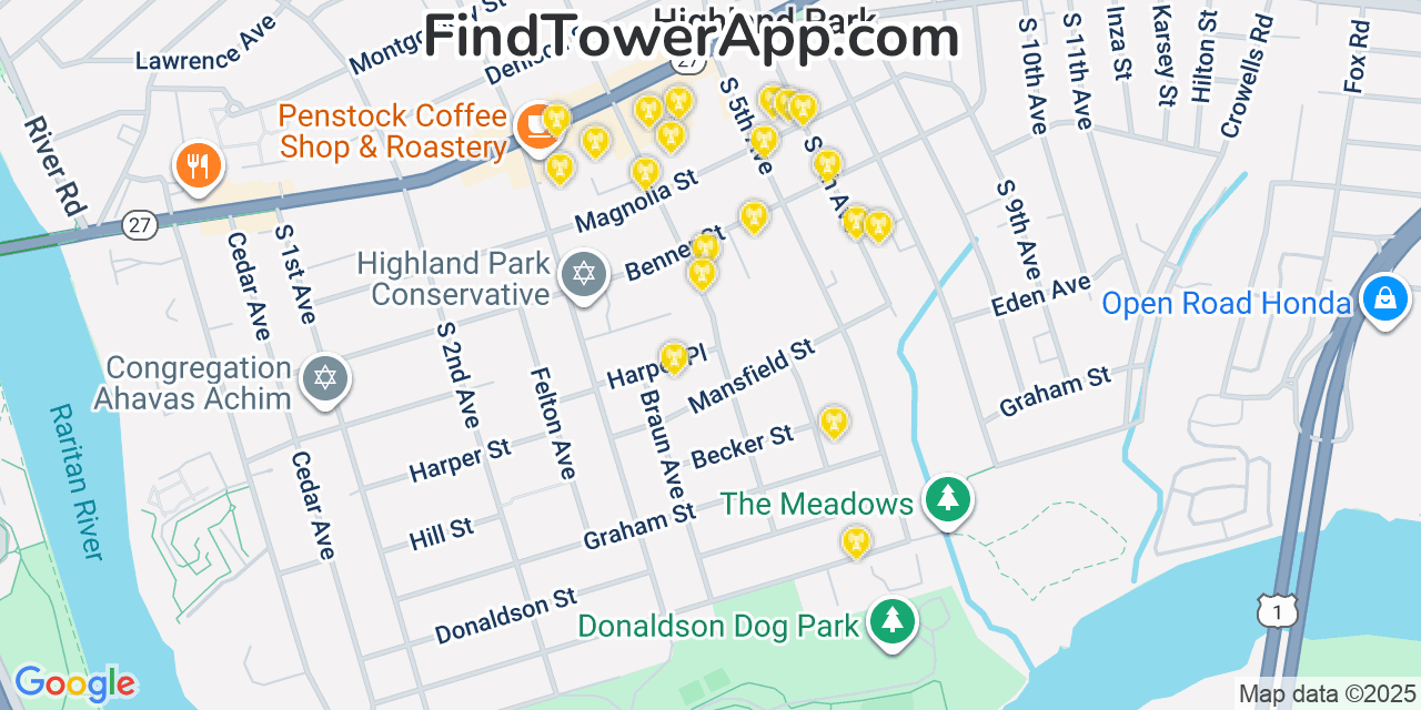 Map showing the 20 primary cell tower locations detected in Highland Park, New Jersey from AT&T, Verizon, and T-Mobile networks