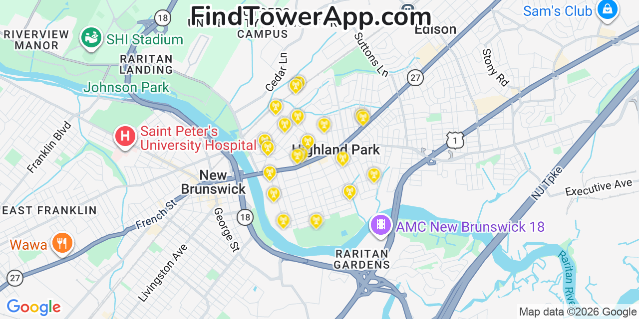 Map showing the 20 primary cell tower locations detected in Highland Park, New Jersey from AT&T, Verizon, and T-Mobile networks