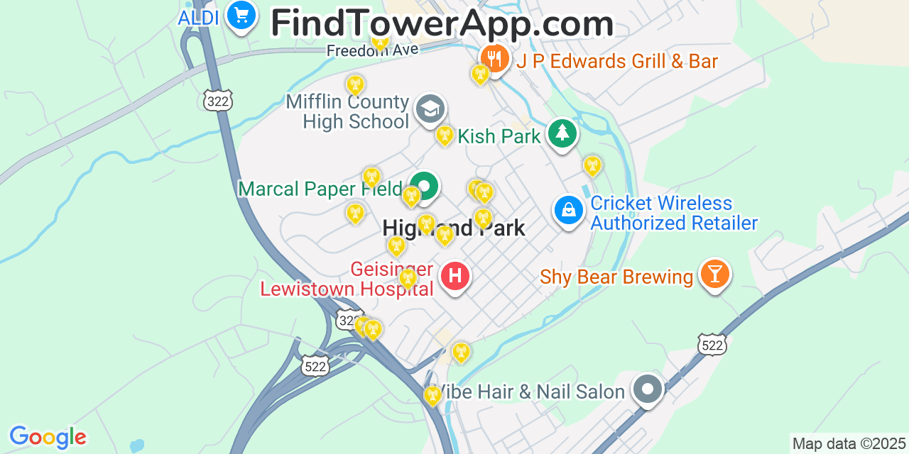 Map showing the 20 primary cell tower locations detected in Highland Park, Pennsylvania from AT&T, Verizon, and T-Mobile networks