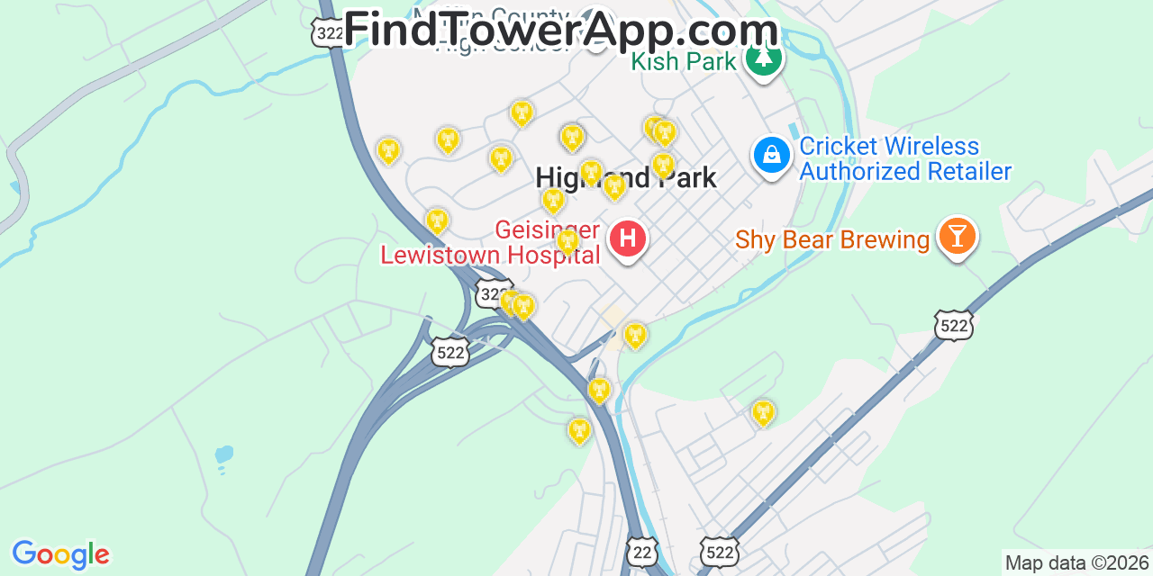 Map showing the 20 primary cell tower locations detected in Highland Park, Pennsylvania from AT&T, Verizon, and T-Mobile networks