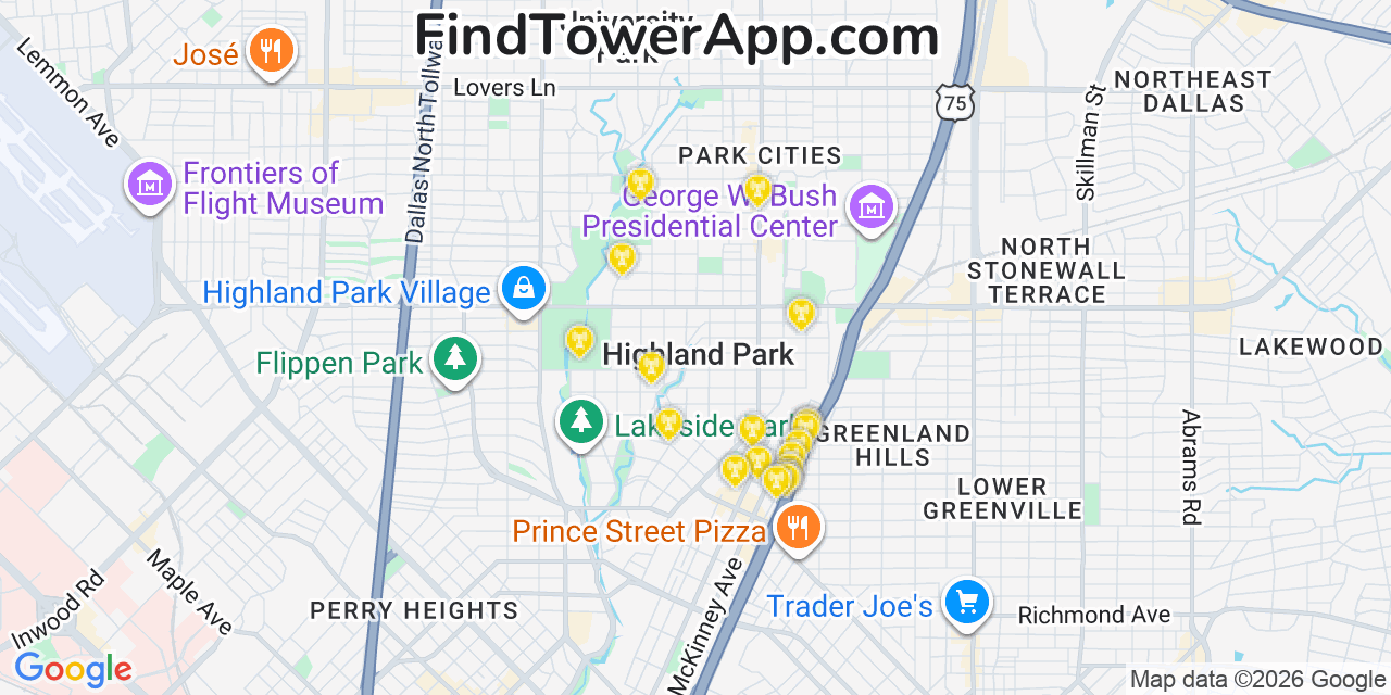 Map showing the 20 primary cell tower locations detected in Highland Park, Texas from AT&T, Verizon, and T-Mobile networks