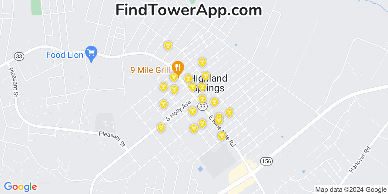 AT&T 4G/5G cell tower coverage map Highland Springs, Virginia