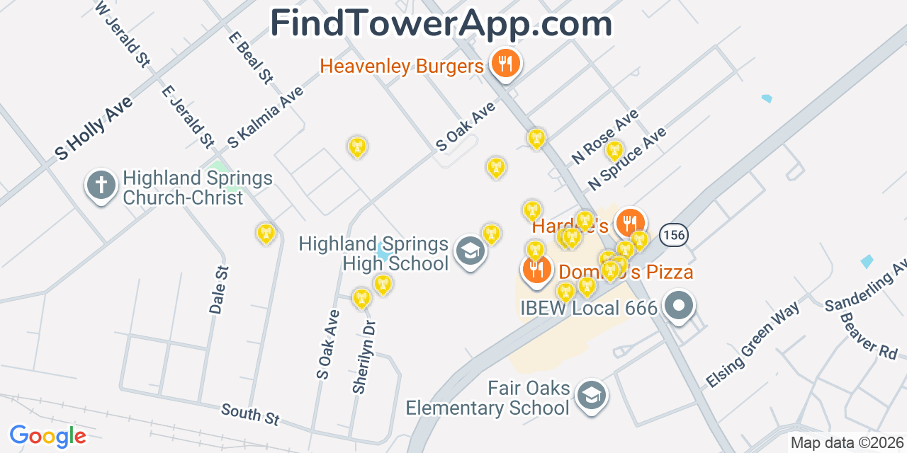 Map showing the 20 primary cell tower locations detected in Highland Springs, Virginia from AT&T, Verizon, and T-Mobile networks