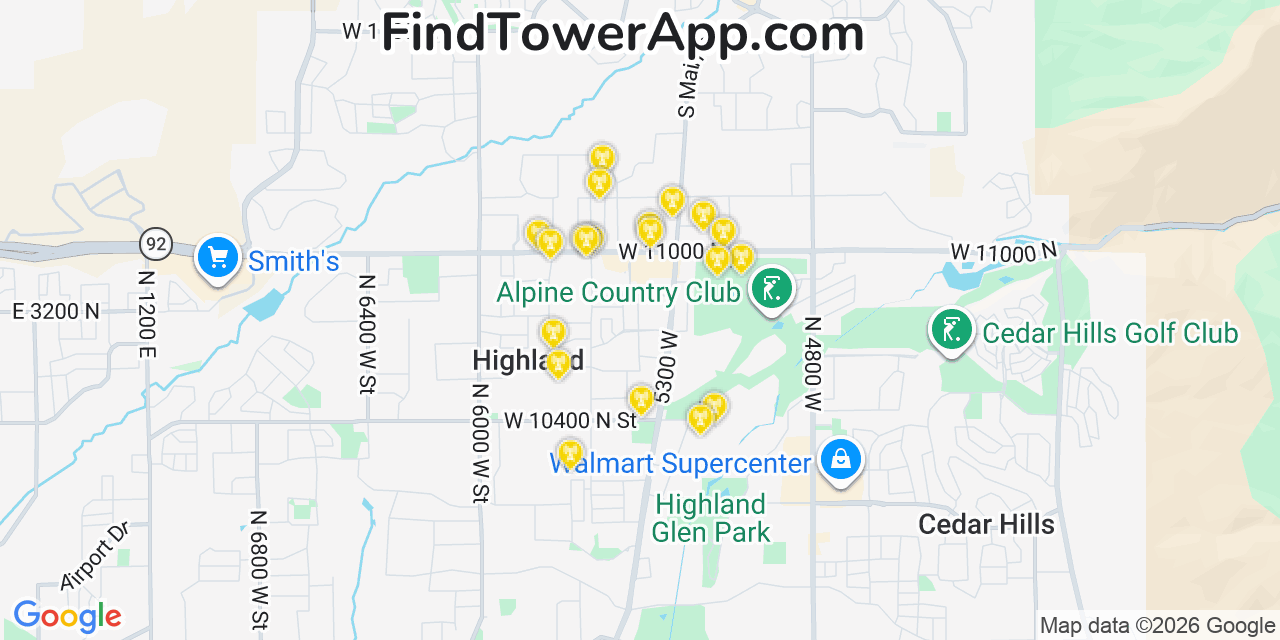 Map showing the 20 primary cell tower locations detected in Highland, Utah from AT&T, Verizon, and T-Mobile networks