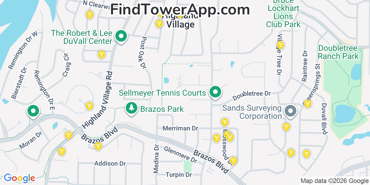 Map showing the 20 primary cell tower locations detected in Highland Village, Texas from AT&T, Verizon, and T-Mobile networks