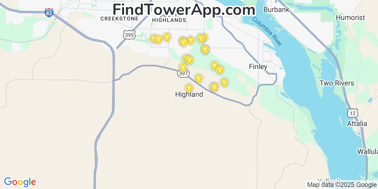 Map showing the 20 primary cell tower locations detected in Highland, Washington from AT&T, Verizon, and T-Mobile networks