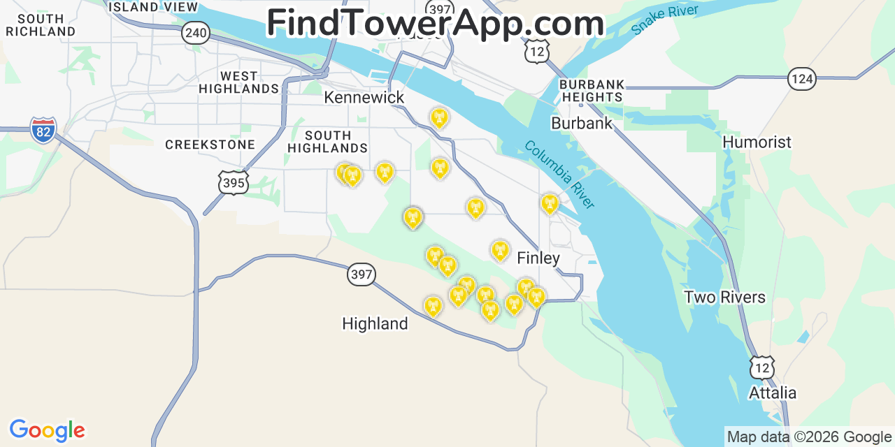Map showing the 20 primary cell tower locations detected in Highland, Washington from AT&T, Verizon, and T-Mobile networks