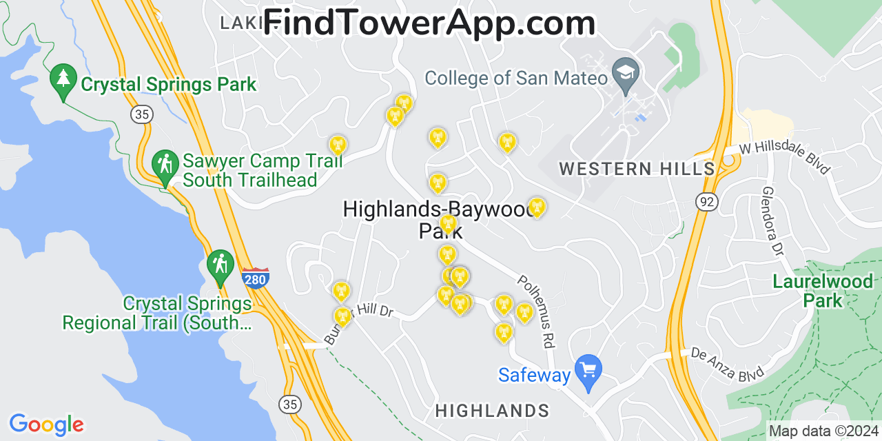 AT&T 4G/5G cell tower coverage map Highlands Baywood Park, California