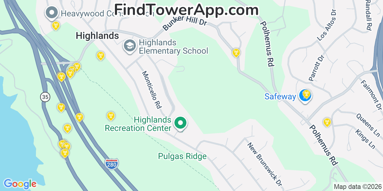 Map showing the 20 primary cell tower locations detected in Highlands Baywood Park, California from AT&T, Verizon, and T-Mobile networks