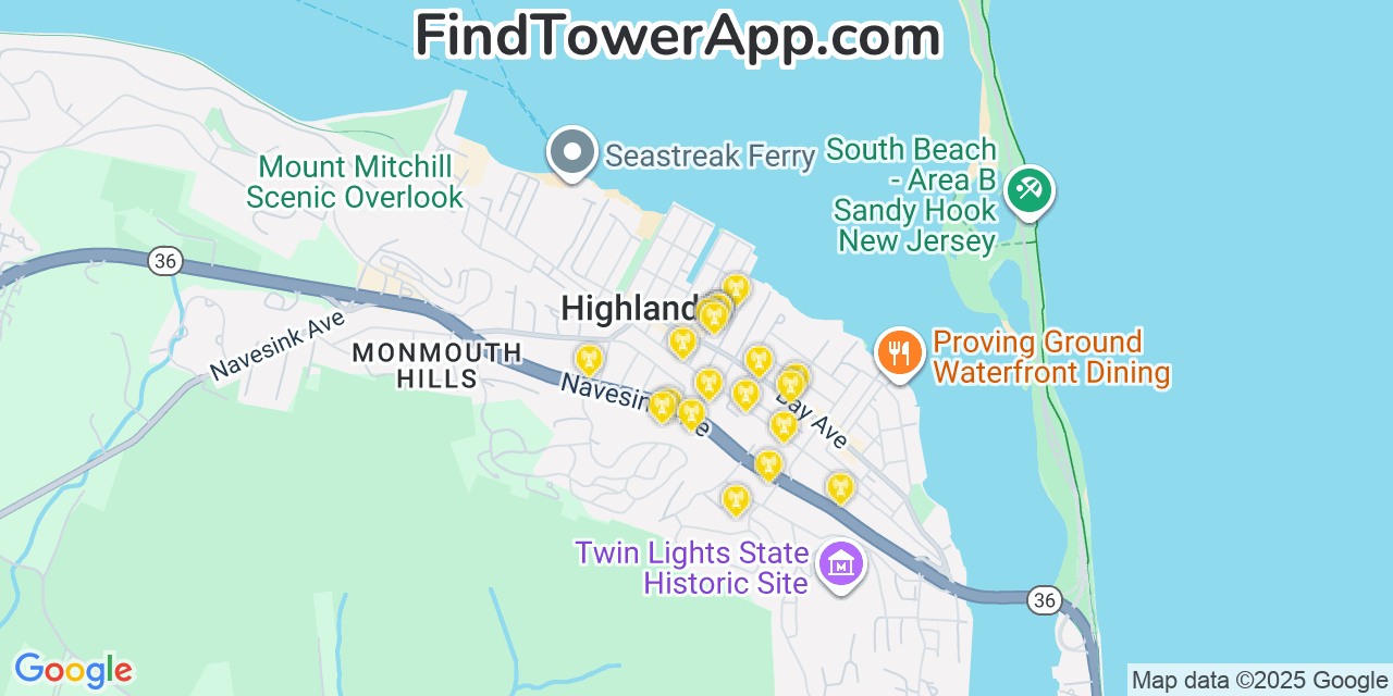 Map showing the 20 primary cell tower locations detected in Highlands, New Jersey from AT&T, Verizon, and T-Mobile networks
