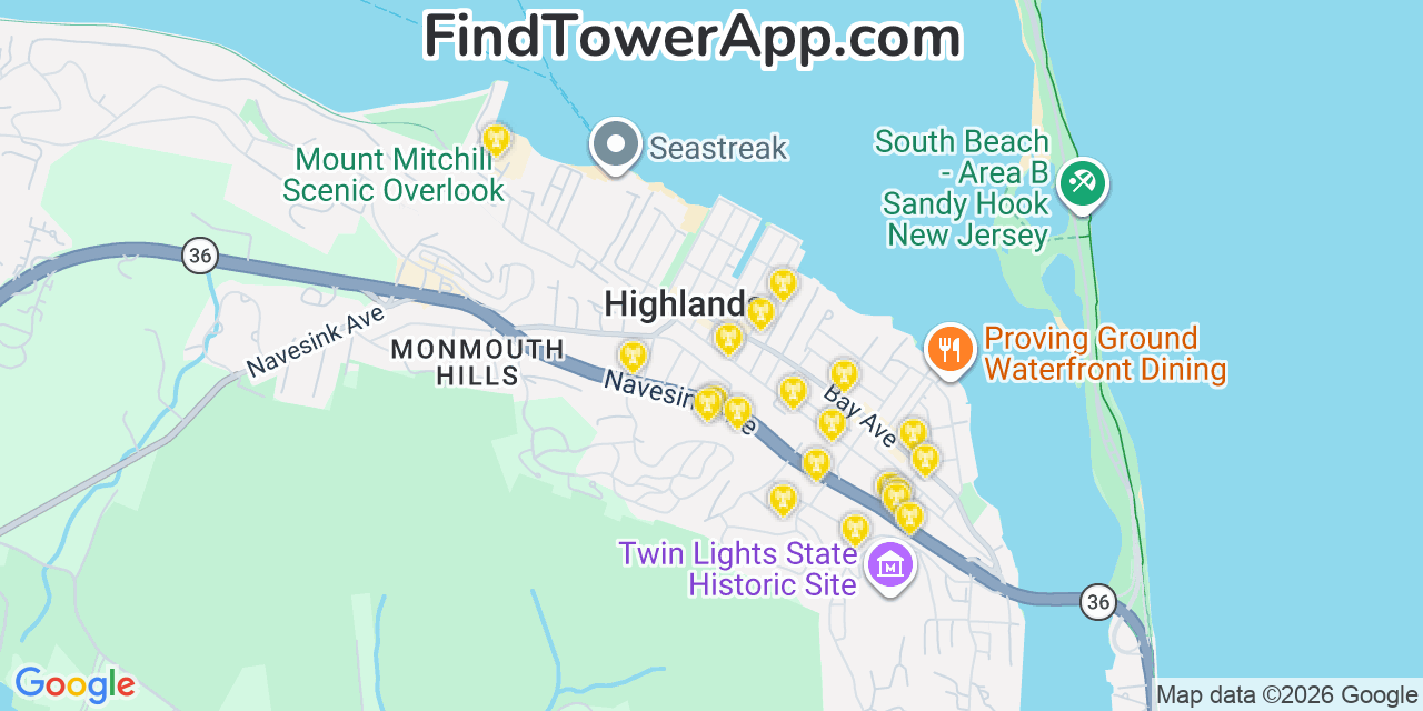 Map showing the 20 primary cell tower locations detected in Highlands, New Jersey from AT&T, Verizon, and T-Mobile networks