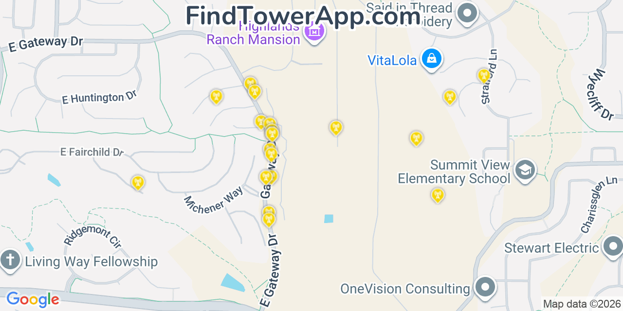 Map showing the 20 primary cell tower locations detected in Highlands Ranch, Colorado from AT&T, Verizon, and T-Mobile networks