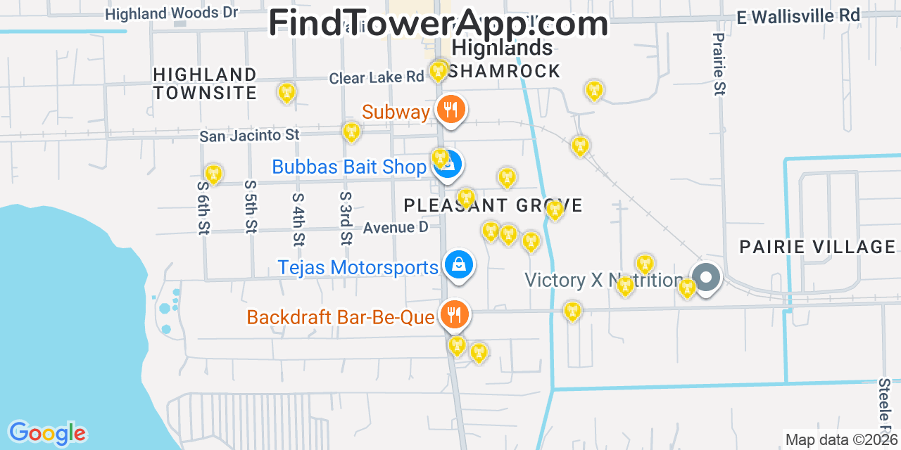 Map showing the 20 primary cell tower locations detected in Highlands, Texas from AT&T, Verizon, and T-Mobile networks