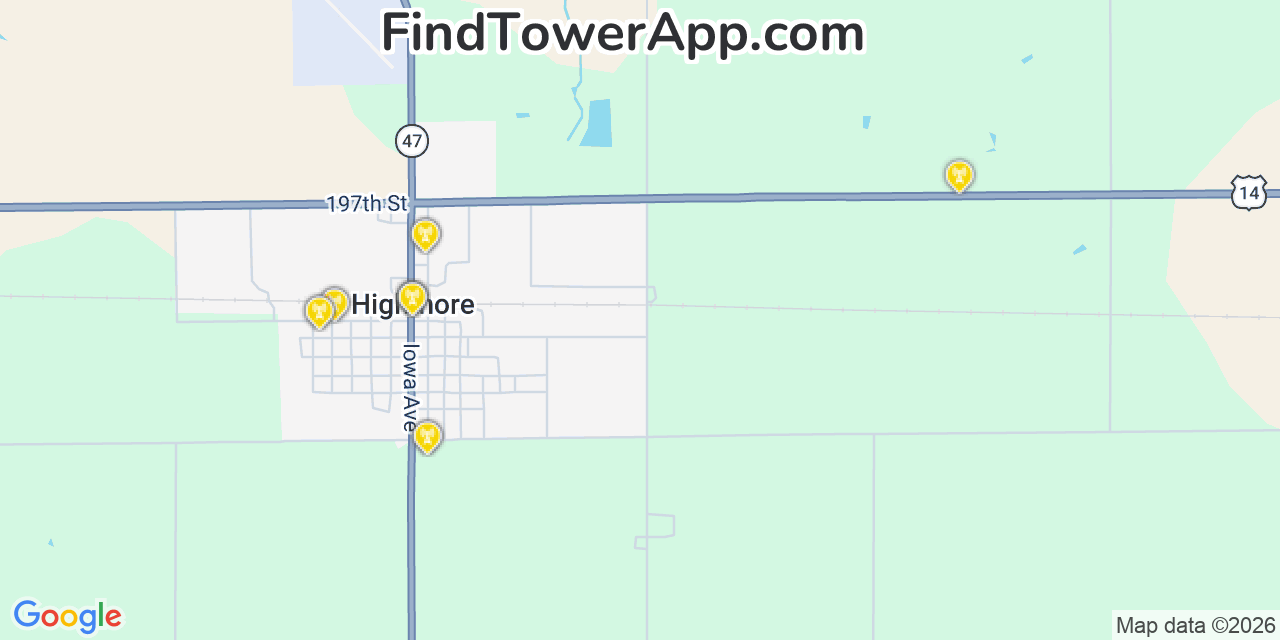 Map showing the 20 primary cell tower locations detected in Highmore, South Dakota from AT&T, Verizon, and T-Mobile networks