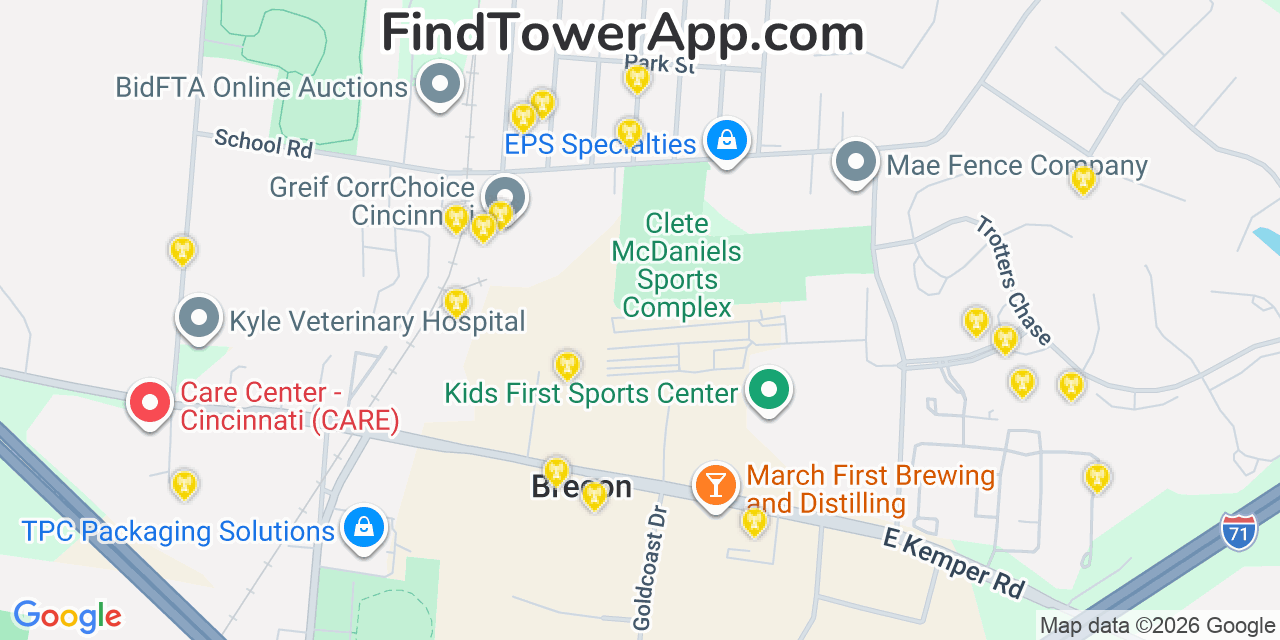 Map showing the 20 primary cell tower locations detected in Highpoint, Ohio from AT&T, Verizon, and T-Mobile networks