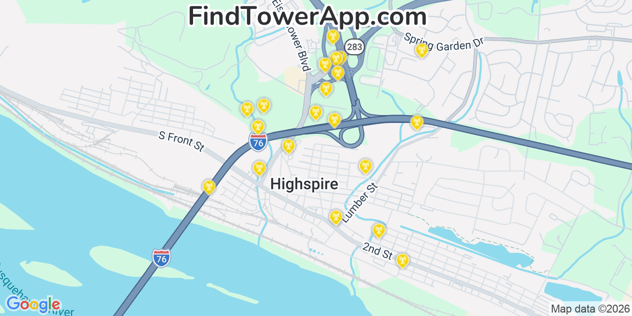 Map showing the 20 primary cell tower locations detected in Highspire, Pennsylvania from AT&T, Verizon, and T-Mobile networks