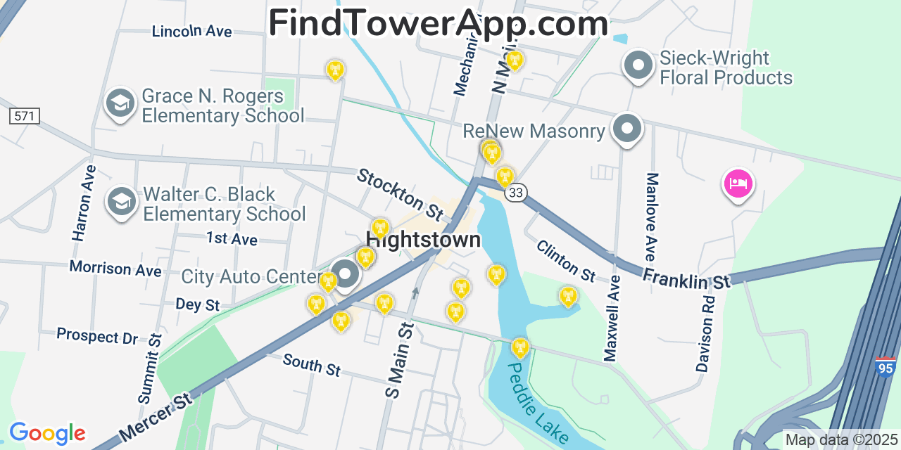 Map showing the 20 primary cell tower locations detected in Hightstown, New Jersey from AT&T, Verizon, and T-Mobile networks