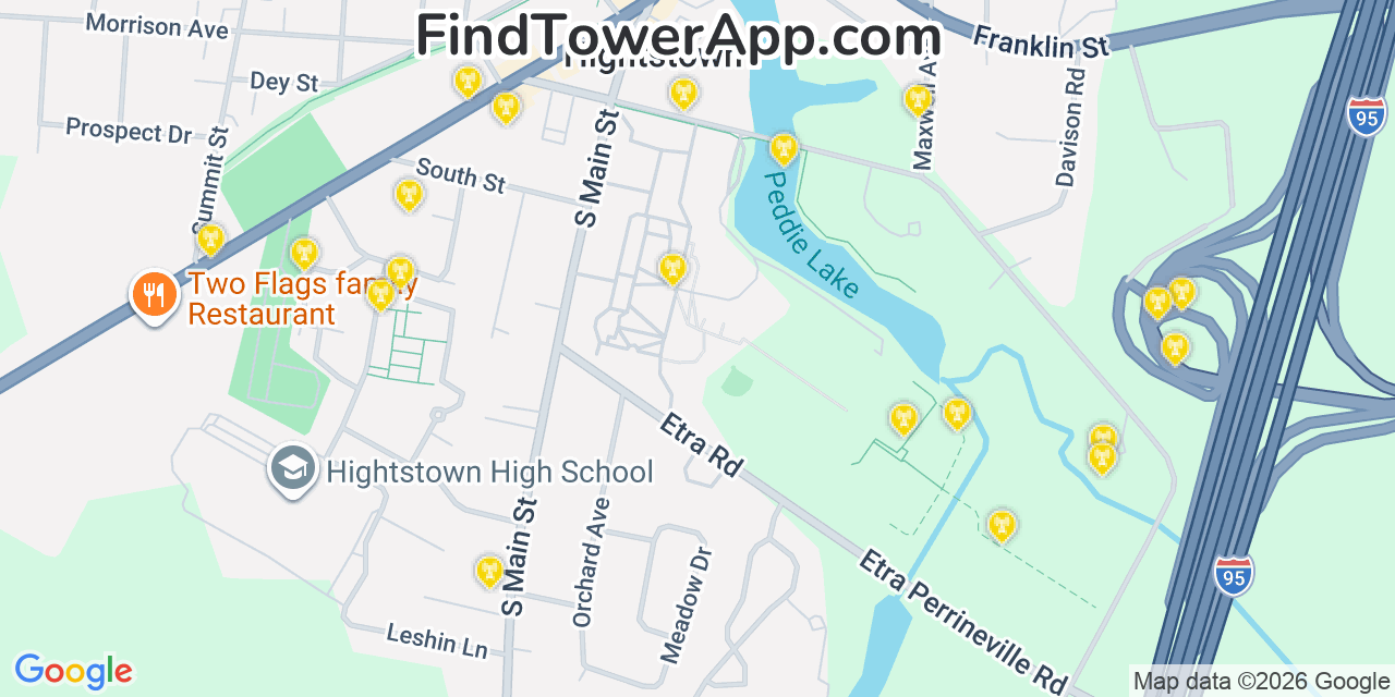 Map showing the 20 primary cell tower locations detected in Hightstown, New Jersey from AT&T, Verizon, and T-Mobile networks