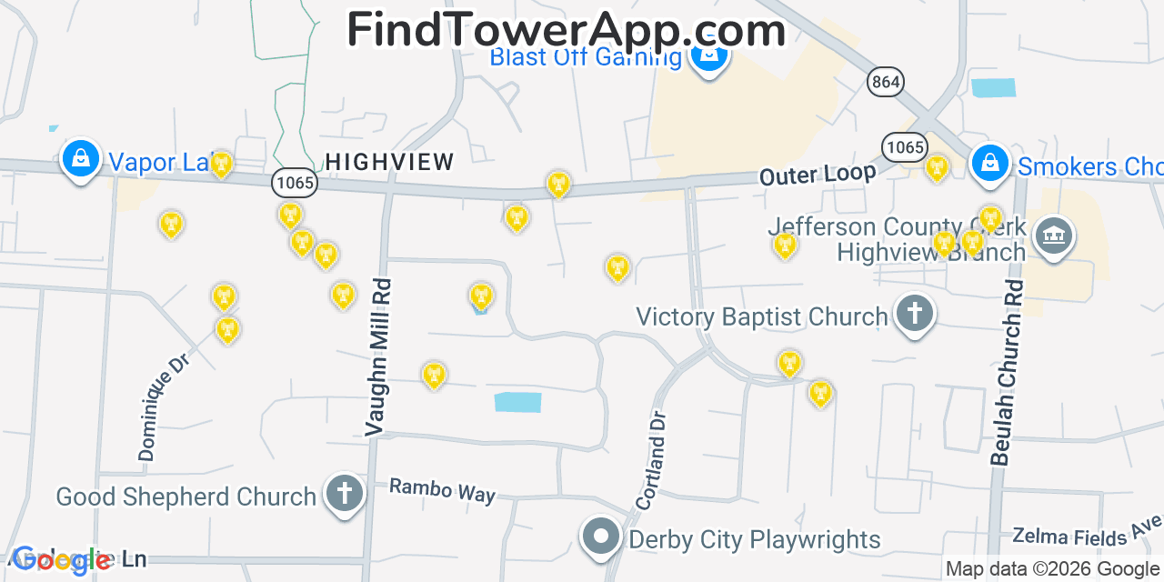 Map showing the 20 primary cell tower locations detected in Highview, Kentucky from AT&T, Verizon, and T-Mobile networks