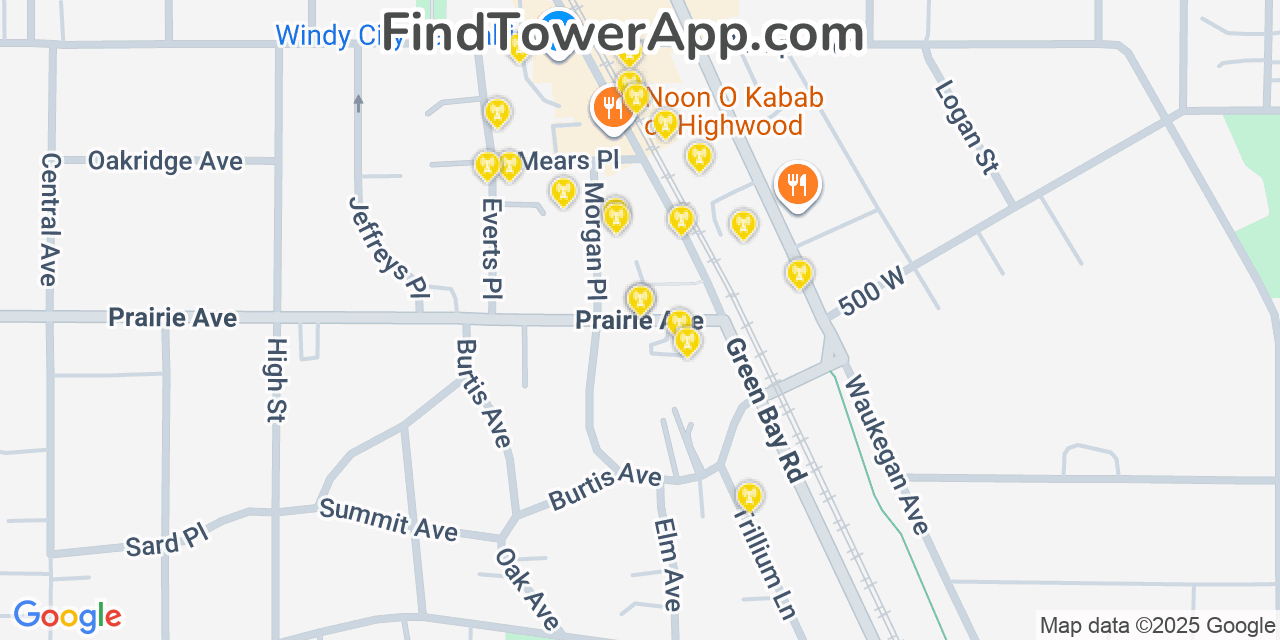 Map showing the 20 primary cell tower locations detected in Highwood, Illinois from AT&T, Verizon, and T-Mobile networks