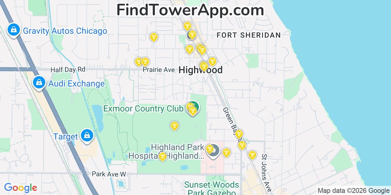 Map showing the 20 primary cell tower locations detected in Highwood, Illinois from AT&T, Verizon, and T-Mobile networks