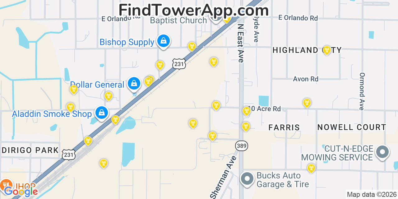Map showing the 20 primary cell tower locations detected in Hiland Park, Florida from AT&T, Verizon, and T-Mobile networks