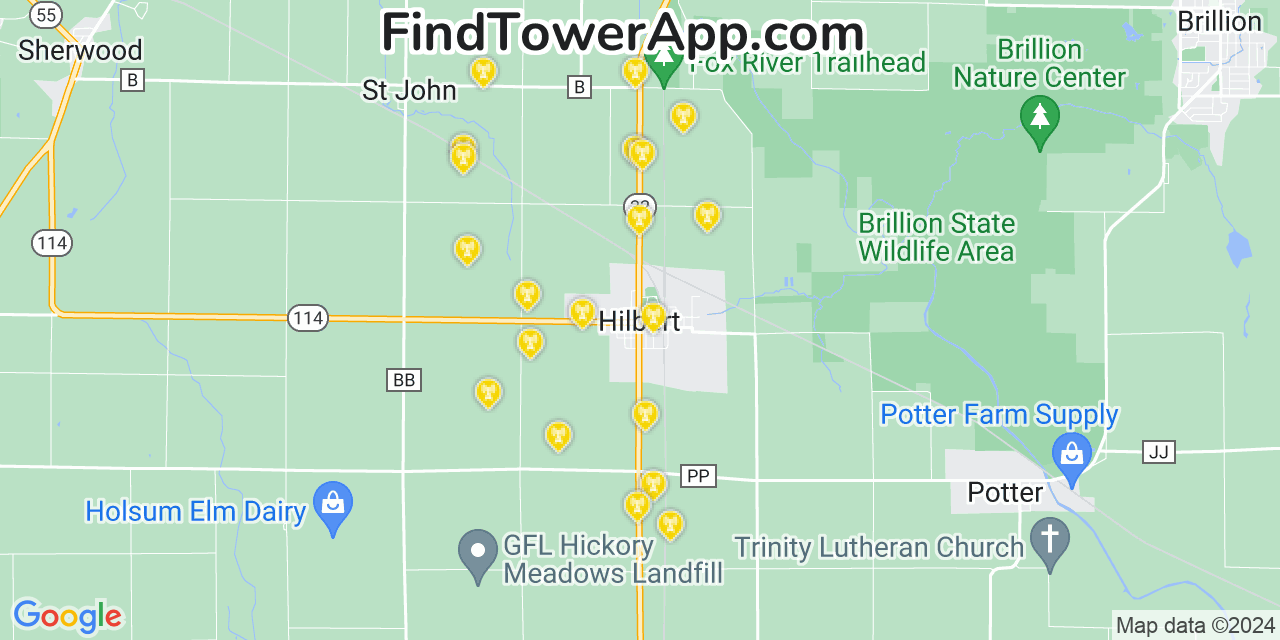 AT&T 4G/5G cell tower coverage map Hilbert, Wisconsin