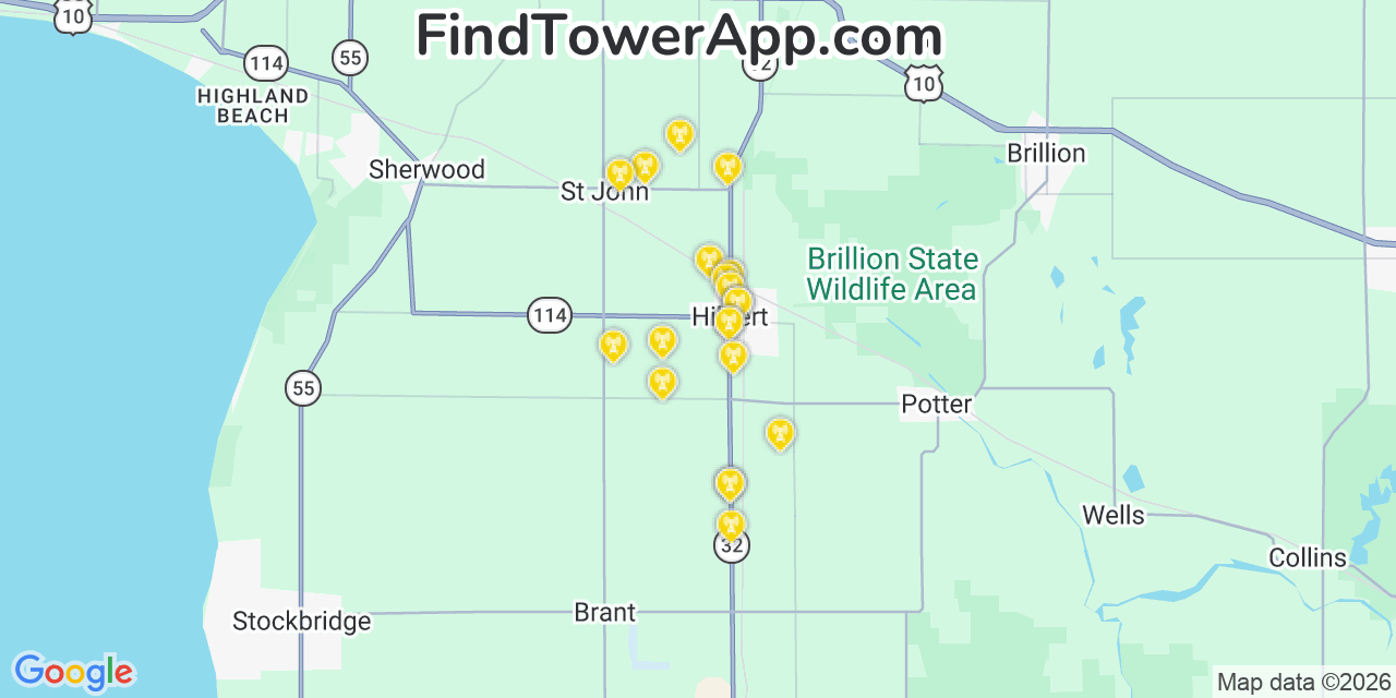 Map showing the 20 primary cell tower locations detected in Hilbert, Wisconsin from AT&T, Verizon, and T-Mobile networks