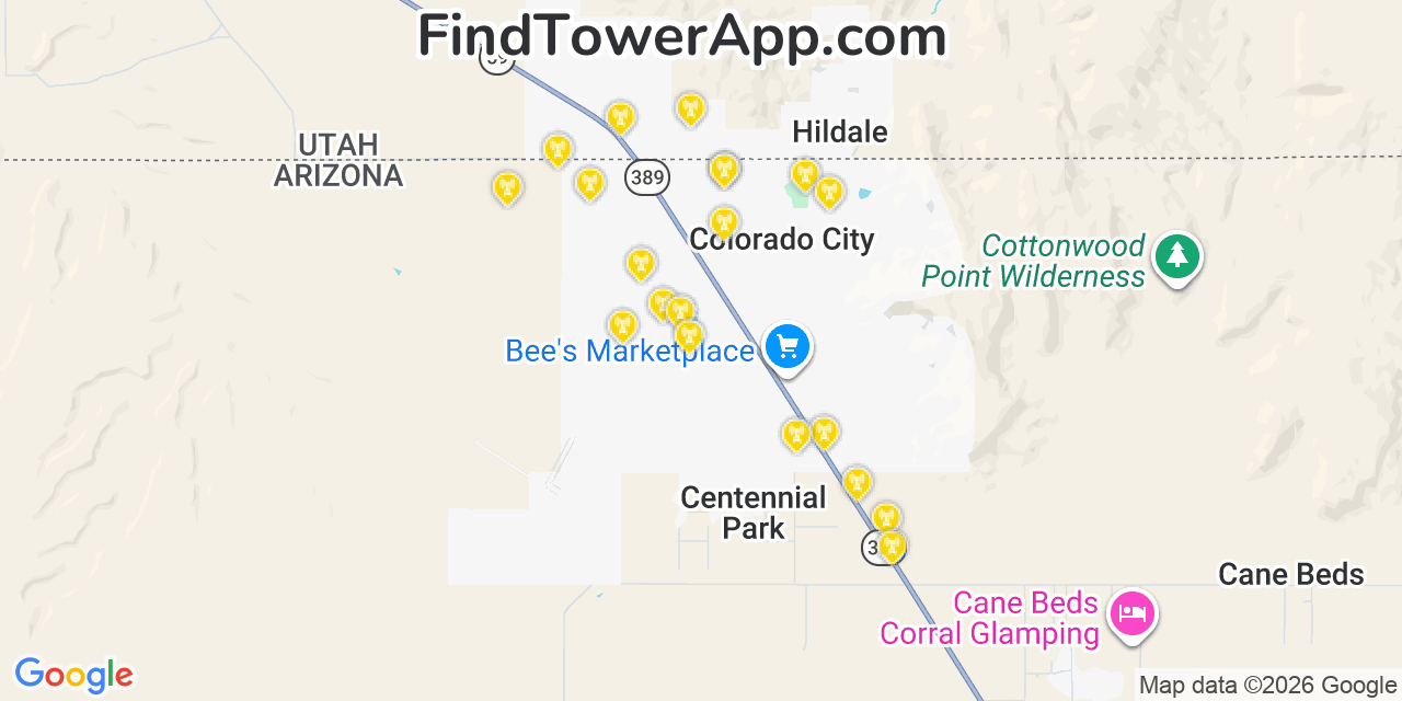 Map showing the 20 primary cell tower locations detected in Hildale, Utah from AT&T, Verizon, and T-Mobile networks