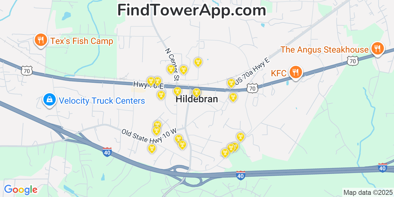 Map showing the 20 primary cell tower locations detected in Hildebran, North Carolina from AT&T, Verizon, and T-Mobile networks