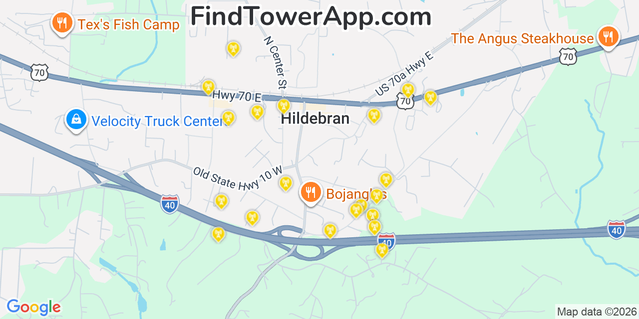 Map showing the 20 primary cell tower locations detected in Hildebran, North Carolina from AT&T, Verizon, and T-Mobile networks