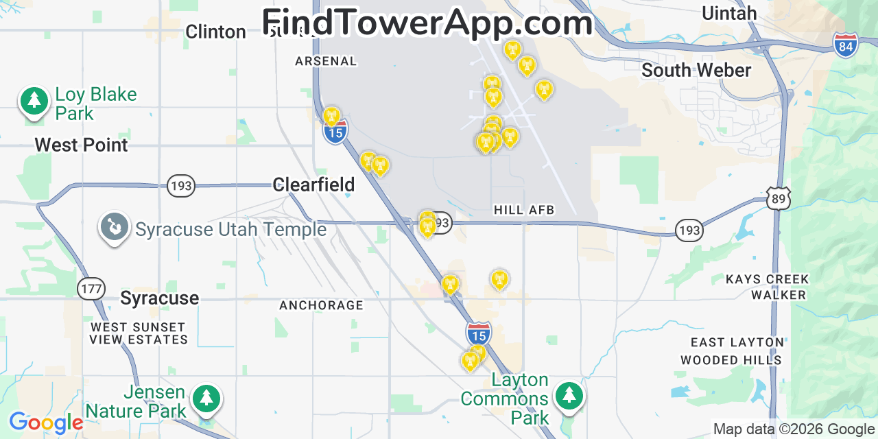 Map showing the 20 primary cell tower locations detected in Hill Air Force Base, Utah from AT&T, Verizon, and T-Mobile networks