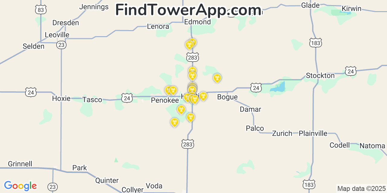 Map showing the 20 primary cell tower locations detected in Hill City, Kansas from AT&T, Verizon, and T-Mobile networks