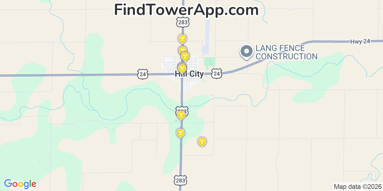 Map showing the 20 primary cell tower locations detected in Hill City, Kansas from AT&T, Verizon, and T-Mobile networks