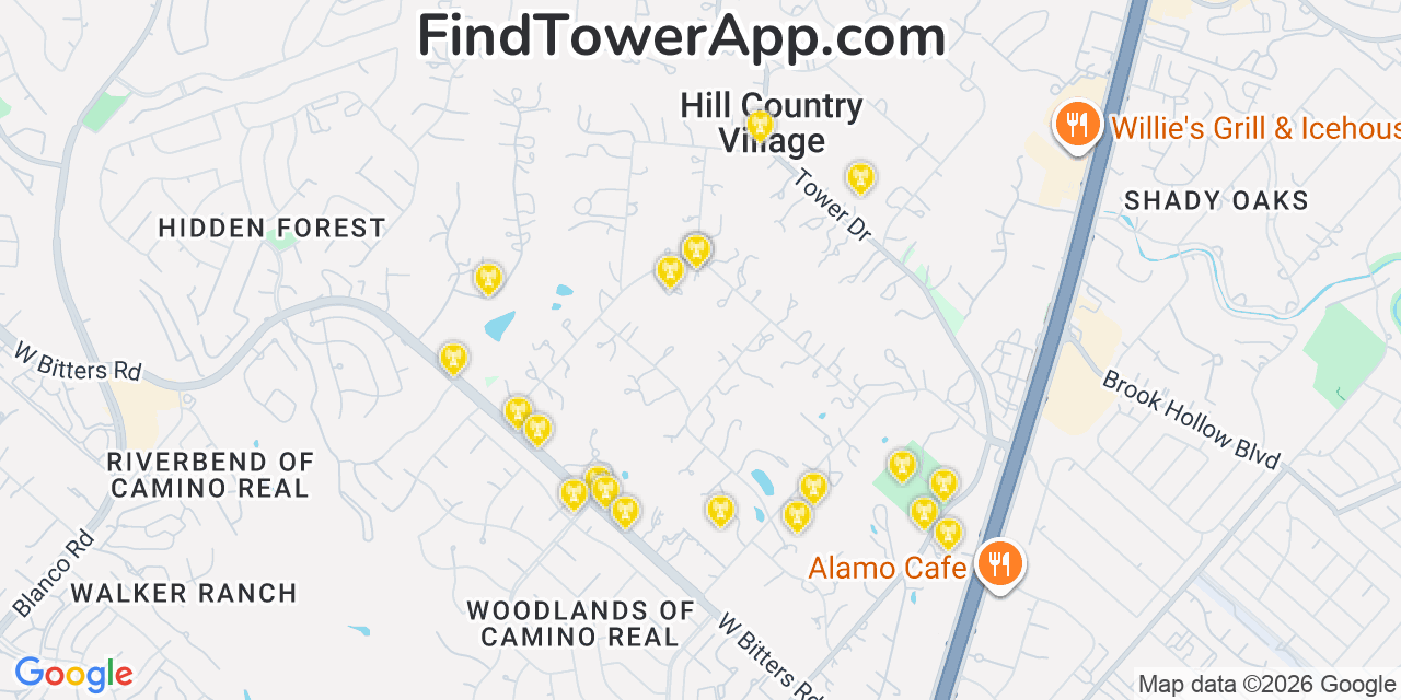 Map showing the 20 primary cell tower locations detected in Hill Country Village, Texas from AT&T, Verizon, and T-Mobile networks