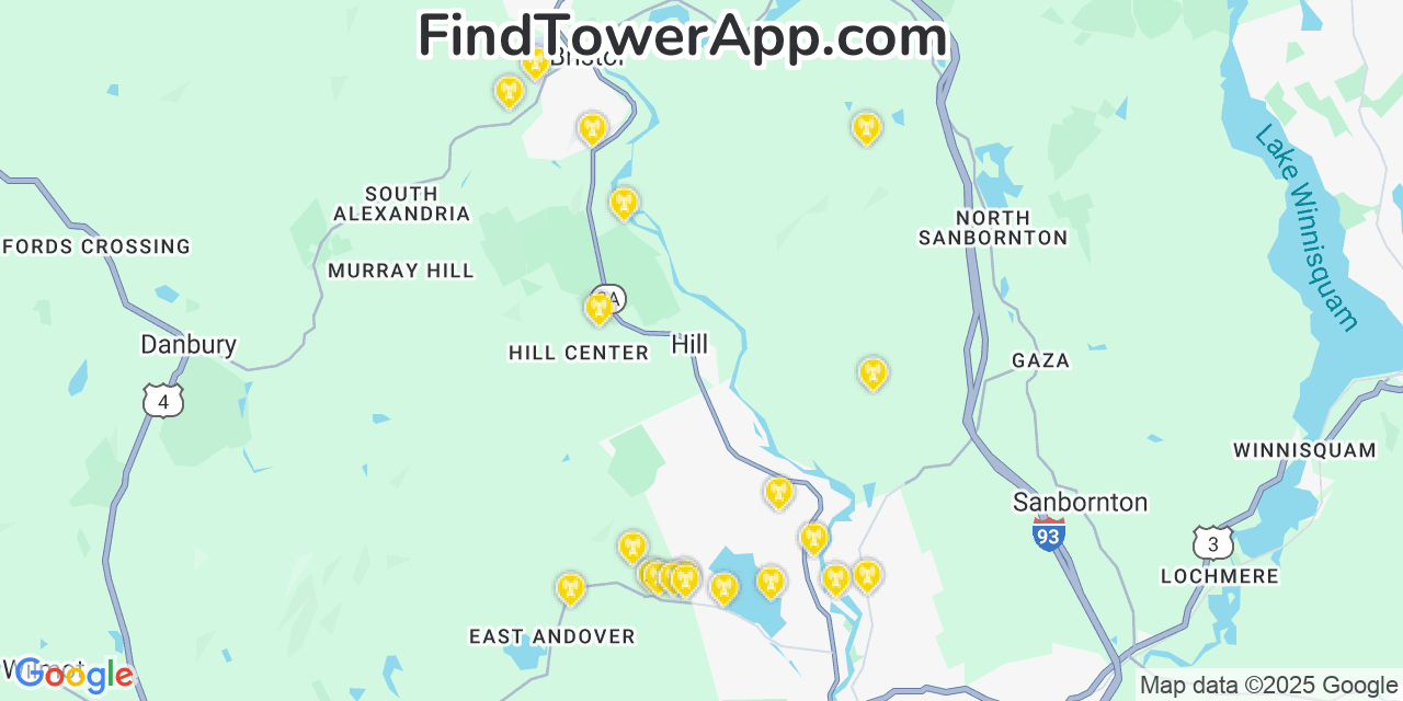 Map showing the 20 primary cell tower locations detected in Hill, New Hampshire from AT&T, Verizon, and T-Mobile networks
