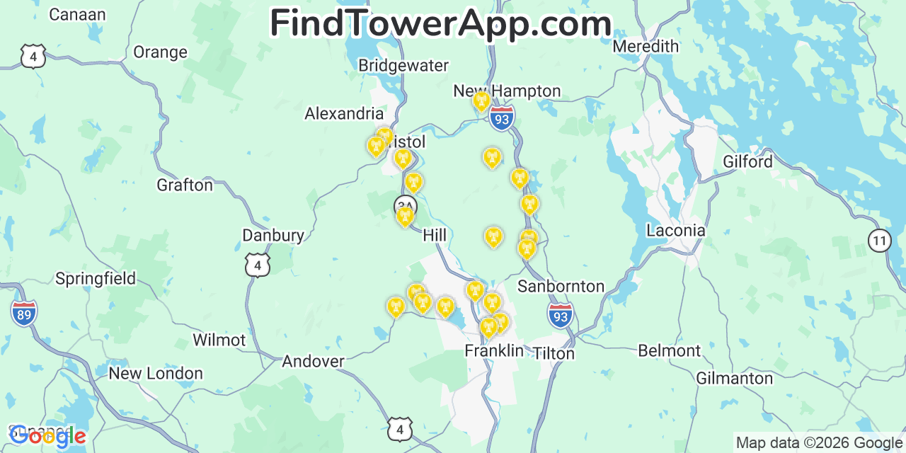 Map showing the 20 primary cell tower locations detected in Hill, New Hampshire from AT&T, Verizon, and T-Mobile networks