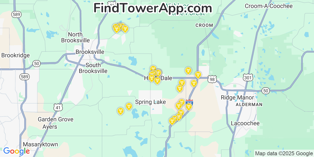 Map showing the 28 primary AT&T cell tower locations detected in Hill  N Dale, Florida with coverage radius and signal strength indicators