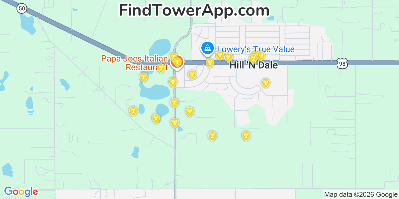 Map showing the 20 primary cell tower locations detected in Hill  N Dale, Florida from AT&T, Verizon, and T-Mobile networks