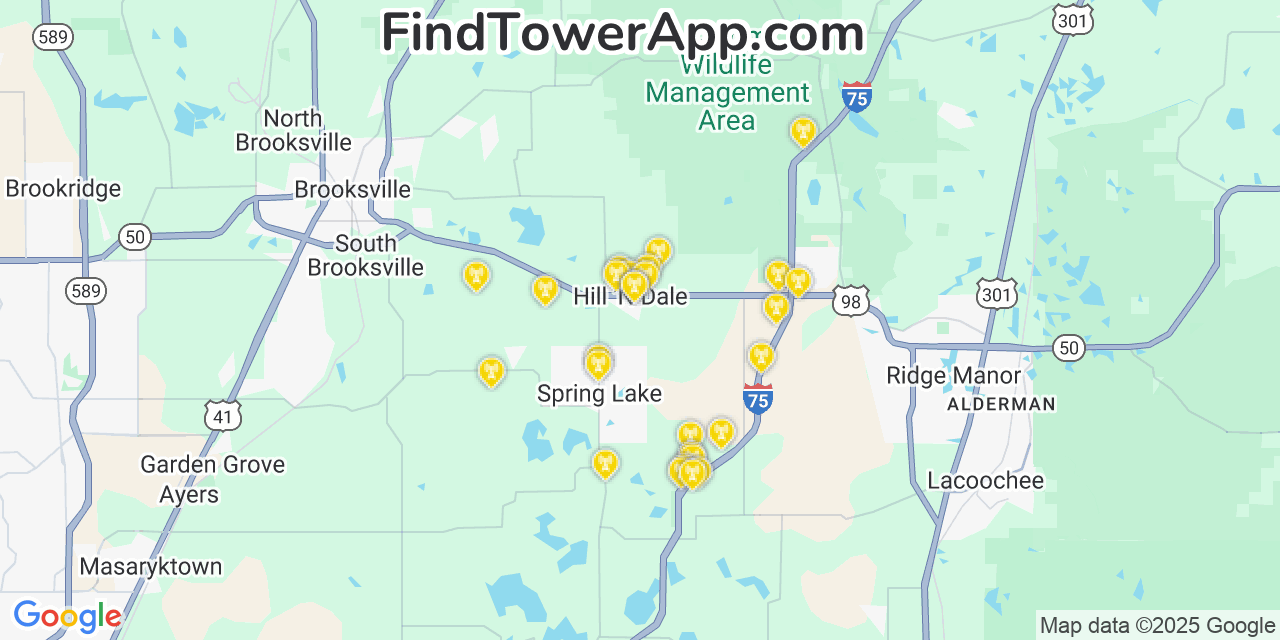 Map showing the 27 primary T-Mobile cell tower locations detected in Hill  N Dale, Florida with coverage radius and signal strength indicators