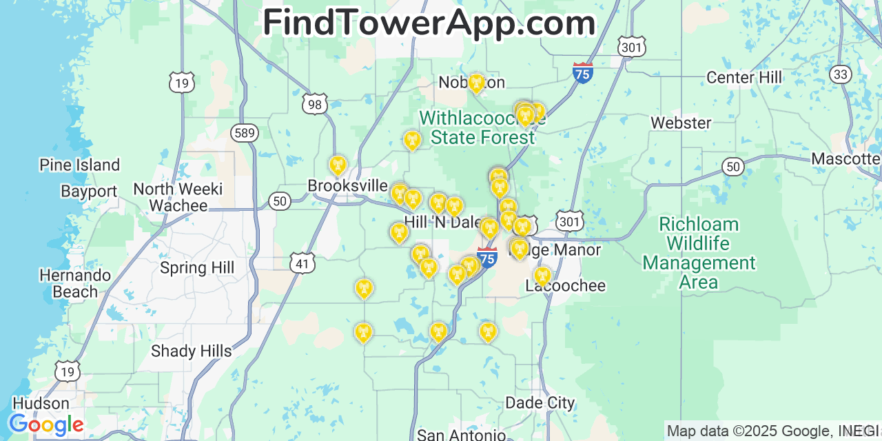 Map showing the 39 primary Verizon cell tower locations detected in Hill  N Dale, Florida with coverage radius and signal strength indicators