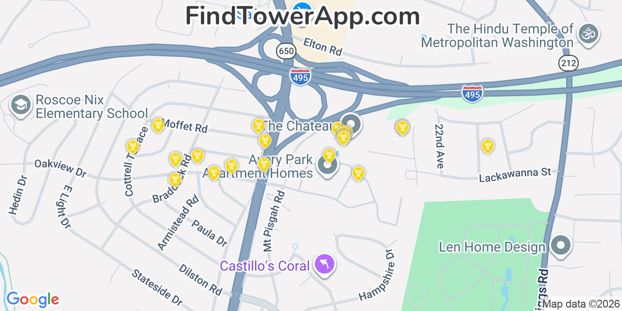 Map showing the 20 primary cell tower locations detected in Hillandale, Maryland from AT&T, Verizon, and T-Mobile networks