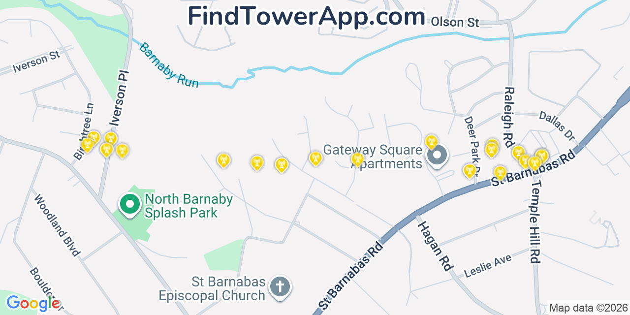 Map showing the 20 primary cell tower locations detected in Hillcrest Heights, Maryland from AT&T, Verizon, and T-Mobile networks