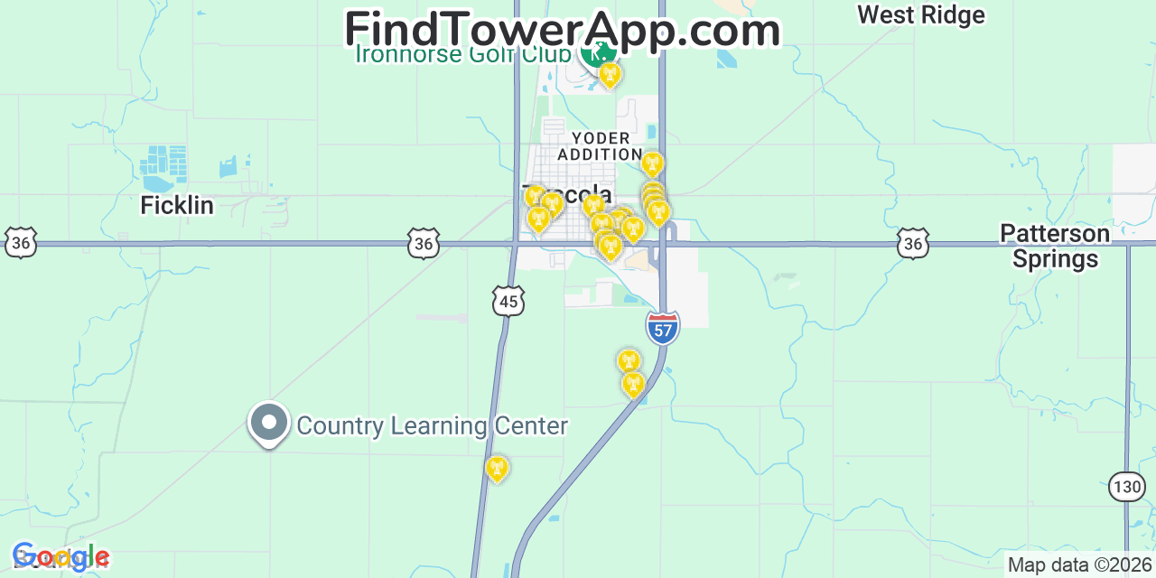 Map showing the 20 primary cell tower locations detected in Hillcrest, Illinois from AT&T, Verizon, and T-Mobile networks