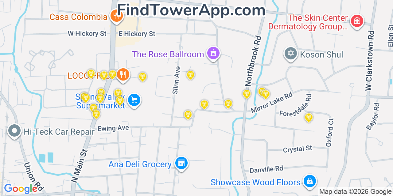 Map showing the 20 primary cell tower locations detected in Hillcrest, New York from AT&T, Verizon, and T-Mobile networks