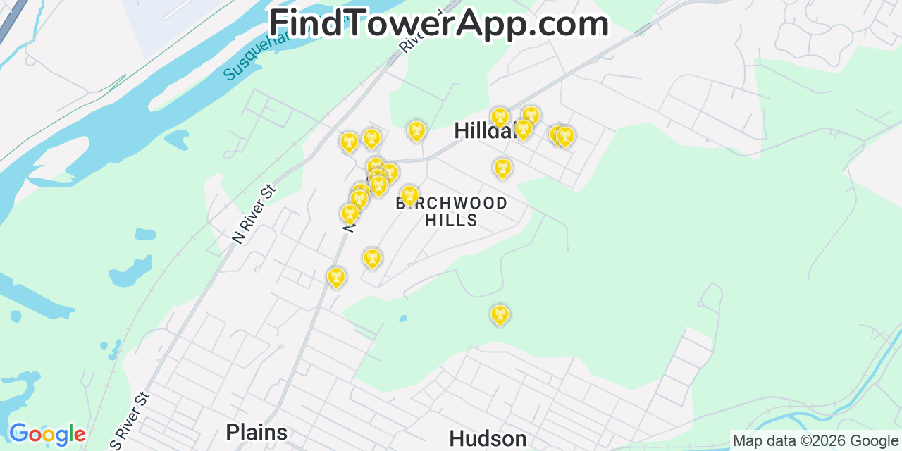 Map showing the 20 primary cell tower locations detected in Hilldale, Pennsylvania from AT&T, Verizon, and T-Mobile networks