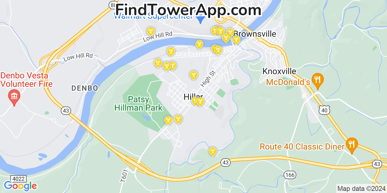 AT&T 4G/5G cell tower coverage map Hiller, Pennsylvania