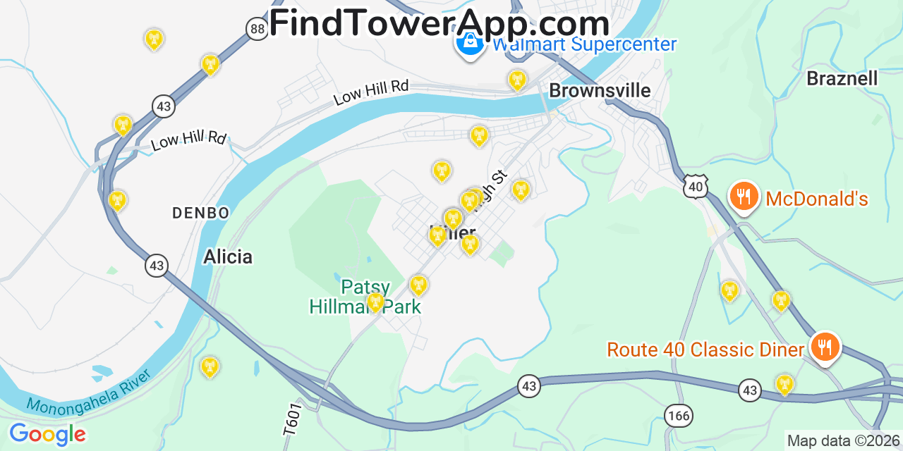 Map showing the 20 primary cell tower locations detected in Hiller, Pennsylvania from AT&T, Verizon, and T-Mobile networks